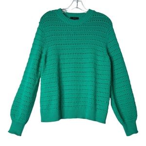 J. Crew Balloon Sleeve Pointelle Sweater Green Long Sleeve Crew Neck